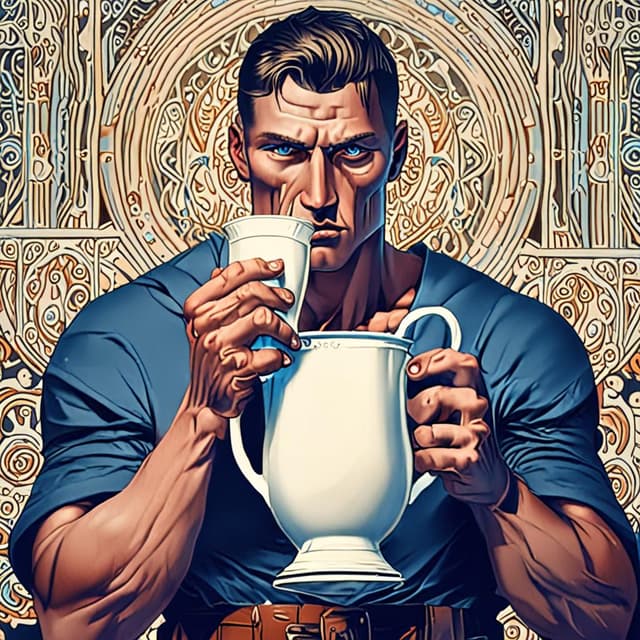 Northern European Male, Light Blue Eyes, Muscular, Shirtless, Laser Eyes, Drinking Milk From A Jug (Painting)