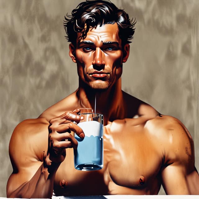 Northern European Male, Glowing Extremely Light Blue Eyes, Muscular, Shirtless, Drinking Milk From A Glass (Painting)