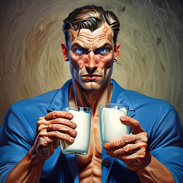 Northern European Male, Light Blue Eyes, Muscular, Shirtless, Laser Eyes, Drinking Milk From A Glass (Painting)