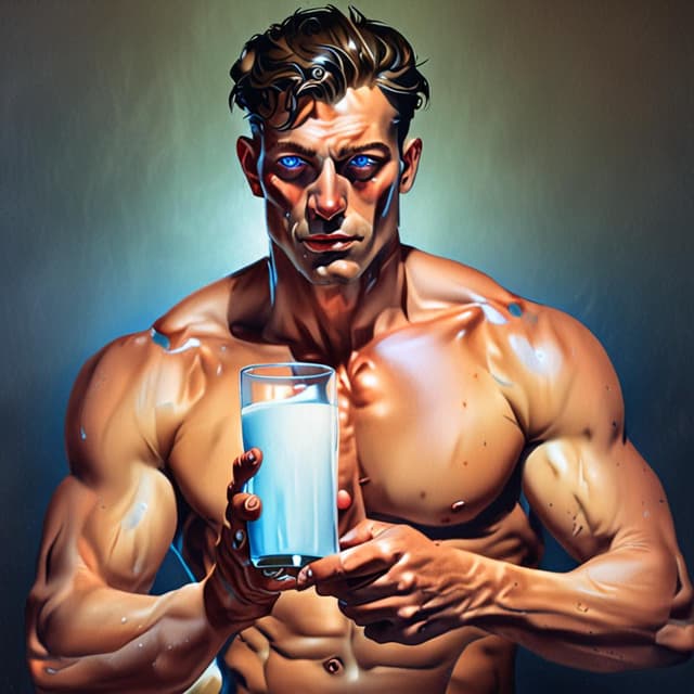 Northern European Male, Glowing Light Blue Eyes, Muscular, Shirtless, Drinking Milk From A Glass (Painting)